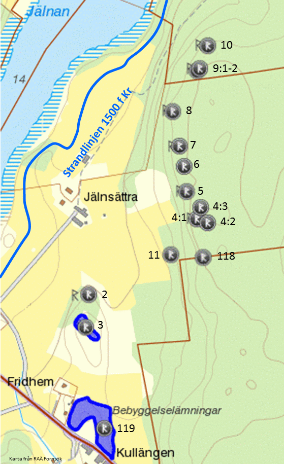 Karta över rösena öster om Jälnan